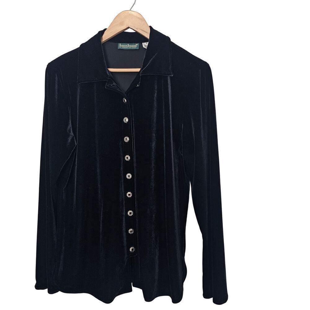Vintage Y2K Velvet Blouse Women Med Black Embellished Whimsygoth Button Witchy